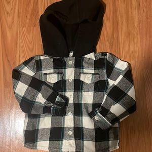 Button down flannel with hood.